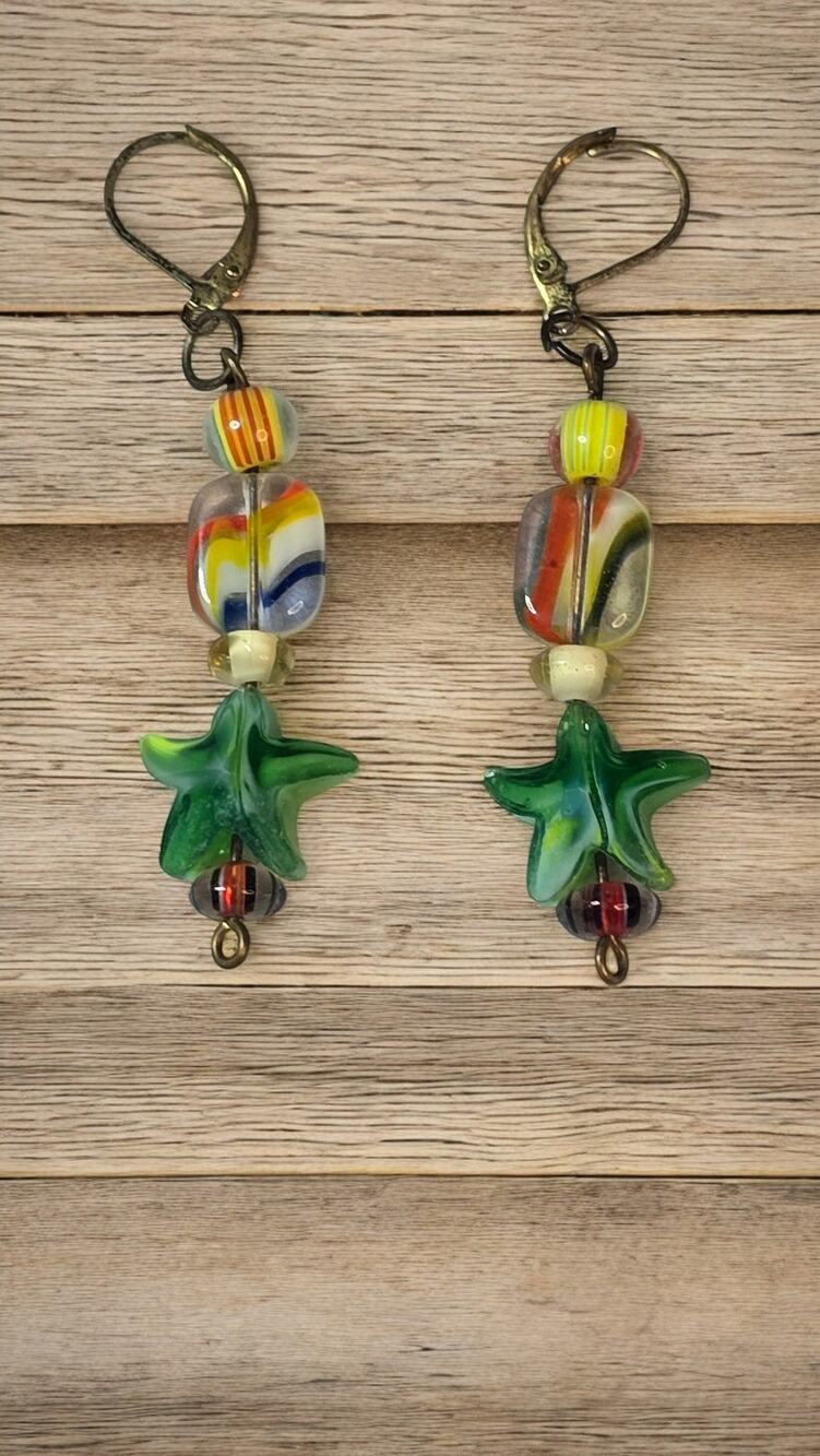 Art Glass Star Dangle Earrings Multicolor Lampwork Beaded Whimsical Artisan
